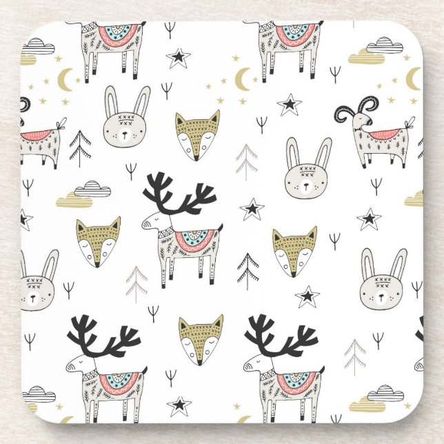 Cute Woodland Animal Doodle Pattern Beverage Coaster (Front)