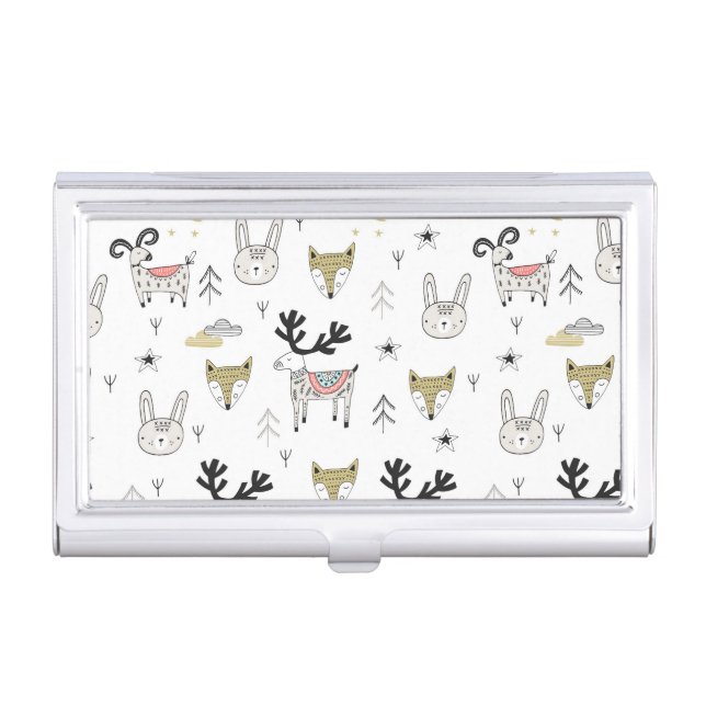 Cute Woodland Animal Doodle Pattern Business Card Case (Front)
