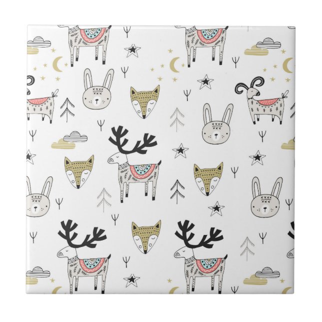 Cute Woodland Animal Doodle Pattern Ceramic Tile (Front)
