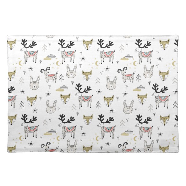 Cute Woodland Animal Doodle Pattern Cloth Placemat (Front)