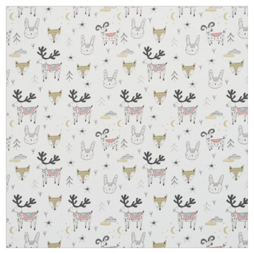 Cute Woodland Animal Doodle Pattern Fabric
