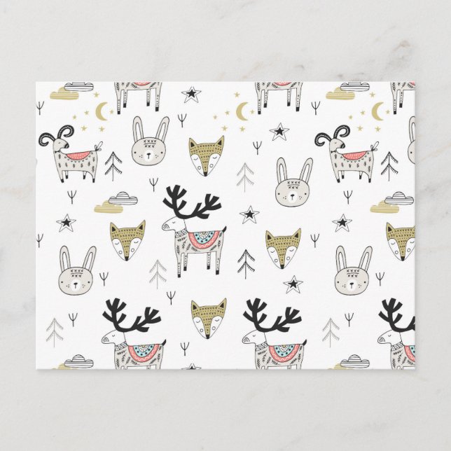 Cute Woodland Animal Doodle Pattern Holiday Postcard (Front)
