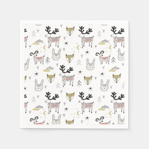 Cute Woodland Animal Doodle Pattern Napkins