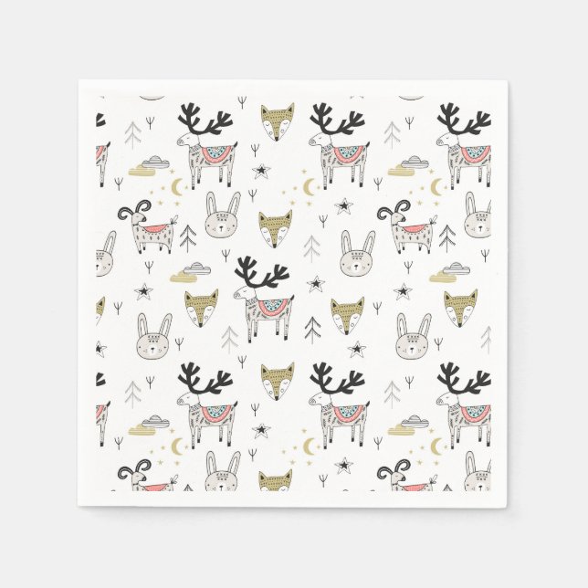 Cute Woodland Animal Doodle Pattern Napkins (Front)