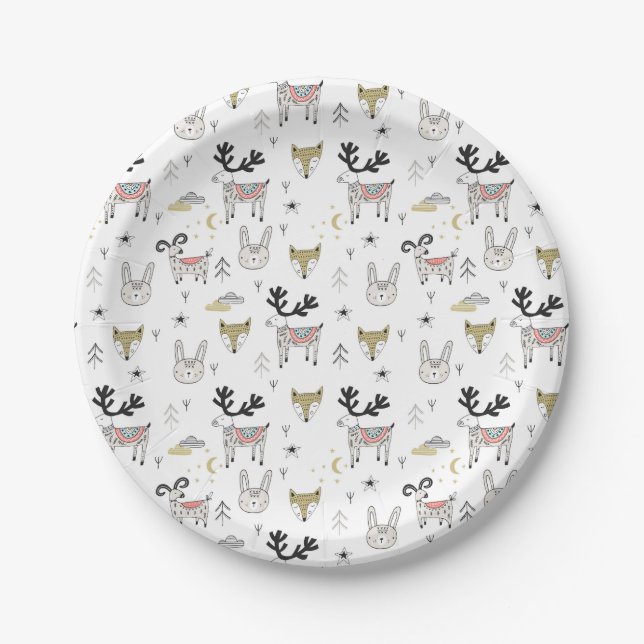 Cute Woodland Animal Doodle Pattern Paper Plates (Front)