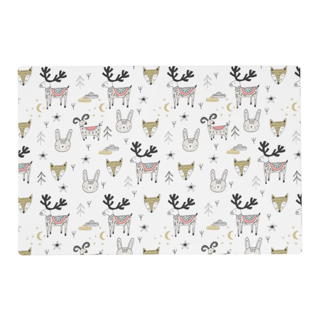 Cute Woodland Animal Doodle Pattern Placemat (Front)