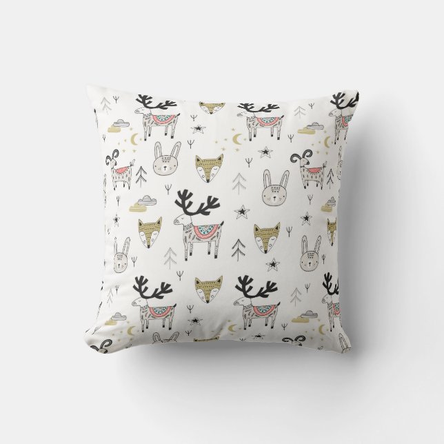 Cute Woodland Animal Doodle Pattern Throw Pillow (Front)