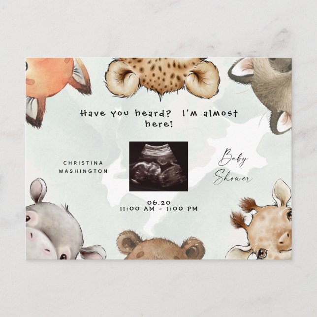 Cute Woodland Animal Ears Ultrasound Baby Shower Invitation Postcard (Front)