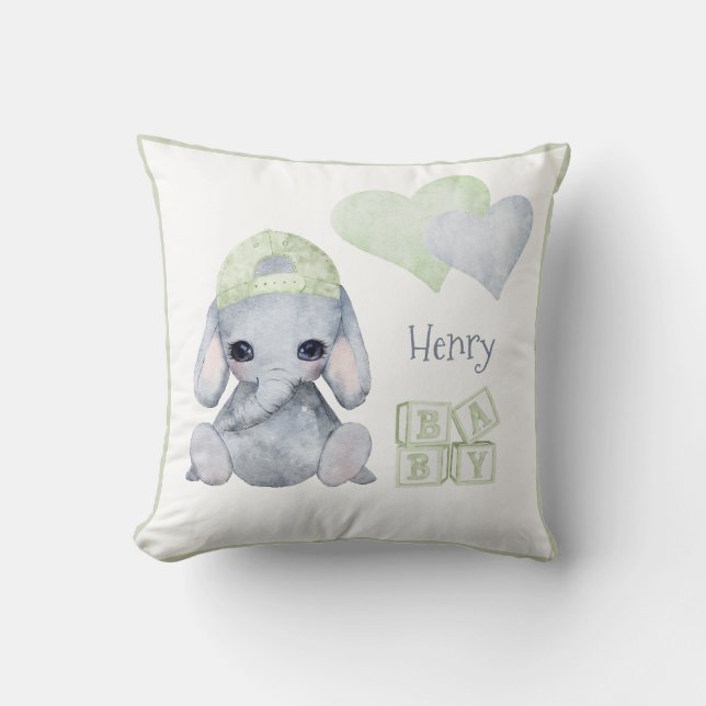 Cute Woodland Animal Elephant Name Nursery Throw Pillow (Front)