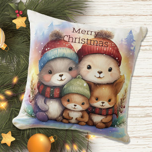 Cute Woodland Animal Family Holiday Throw Pillow