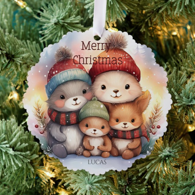 Cute Woodland Animal Family Merry Christmas Paper Ornament Card (Insitu (Tree))