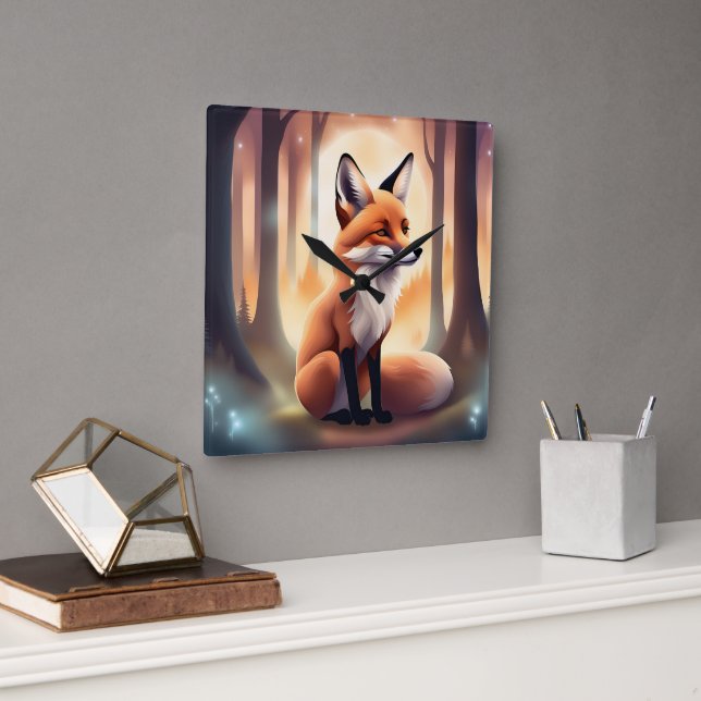 Cute Woodland Animal Fox Sun Glow  Square Wall Clock (Office)