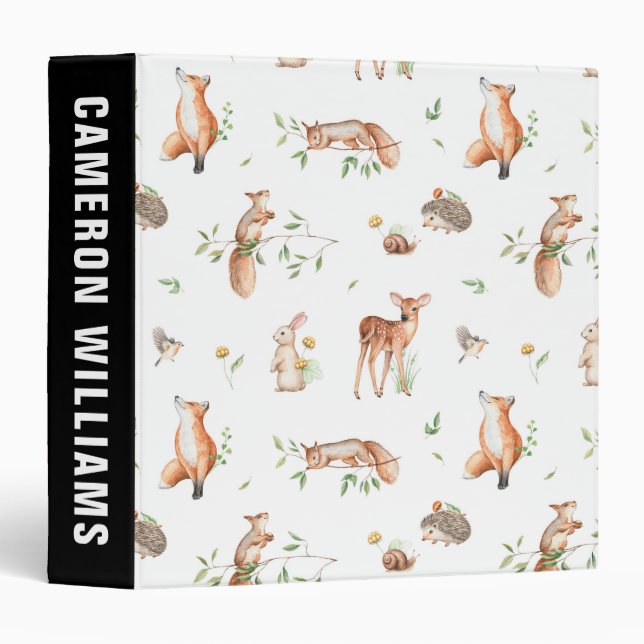 Cute Woodland Animal Friends Pattern 3 Ring Binder (Front/Spine)