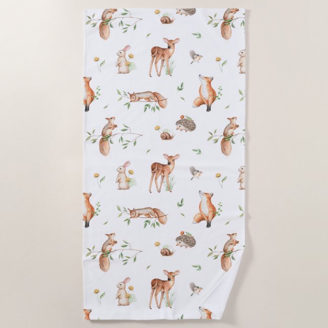 Cute Woodland Animal Friends Pattern Beach Towel (Front)