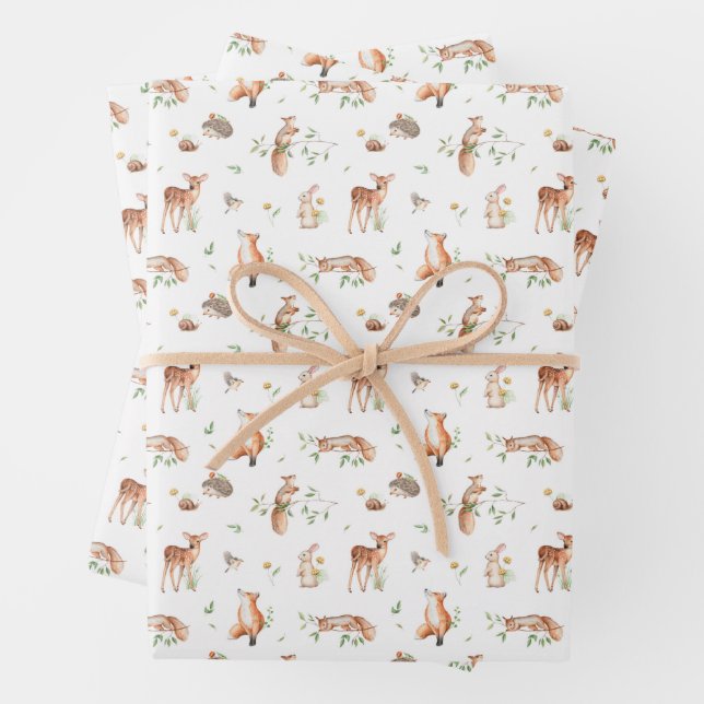 Cute Woodland Animal Friends Pattern Wrapping Paper Sheets (In situ)