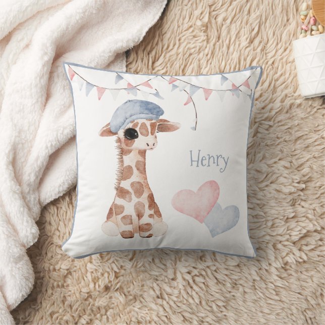 Cute Woodland Animal Giraffe Heart Name Nursery Throw Pillow (Blanket)