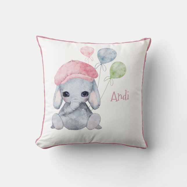 Cute Woodland Animal Girl Elephant Name Nursery Throw Pillow (Front)