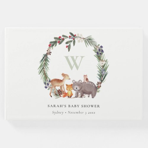 Cute Woodland Animal Leafy Wreath Baby Shower Guest Book