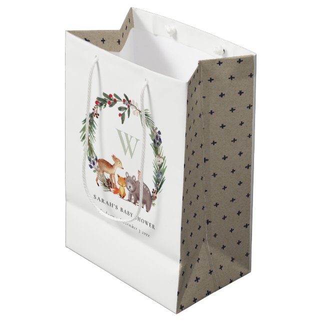 Cute Woodland Animal Leafy Wreath Baby Shower Medium Gift Bag (Front Angled)