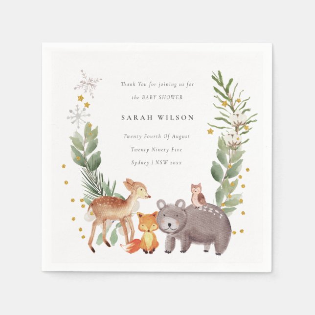 Cute Woodland Animal Leafy Wreath Baby Shower Napkins (Front)