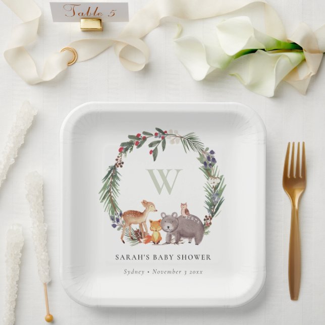 Cute Woodland Animal Leafy Wreath Baby Shower Paper Plates (Wedding)