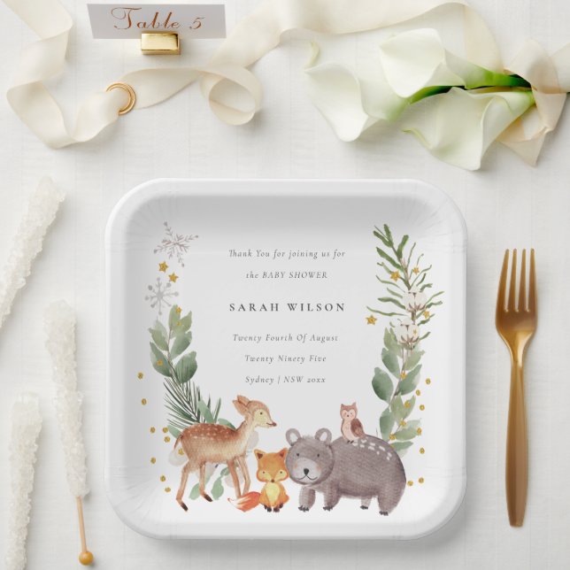 Cute Woodland Animal Leafy Wreath Baby Shower Paper Plates (Wedding)