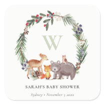 Cute Woodland Animal Leafy Wreath Baby Shower Square Sticker