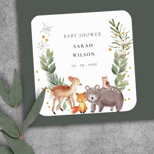 Cute Woodland Animal Leafy Wreath Baby Shower Square Sticker