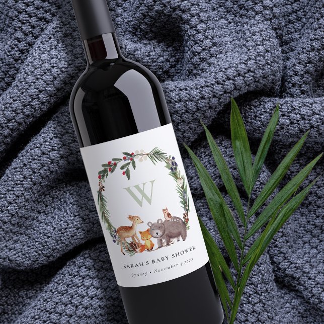 Cute Woodland Animal Leafy Wreath Baby Shower Wine Label (Creator Uploaded)