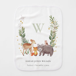 Cute Woodland Animal Leafy Wreath Monogram Kids Baby Burp Cloth