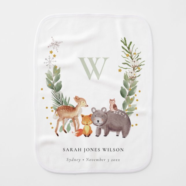 Cute Woodland Animal Leafy Wreath Monogram Kids Baby Burp Cloth (Front)