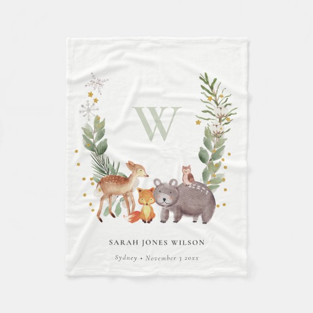 Cute Woodland Animal Leafy Wreath Monogram Kids Fleece Blanket (Front)
