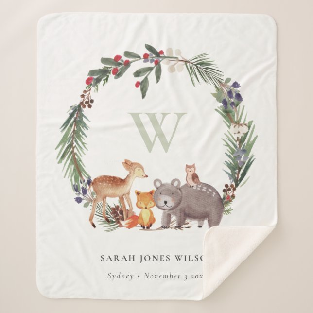 Cute Woodland Animal Leafy Wreath Monogram Kids Sherpa Blanket (Front)