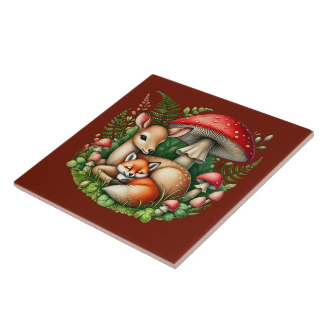 Cute woodland animal lovers deer fox ceramic tile (Side)