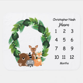 Cute Woodland Animal Monthly Milestone Baby Blanket