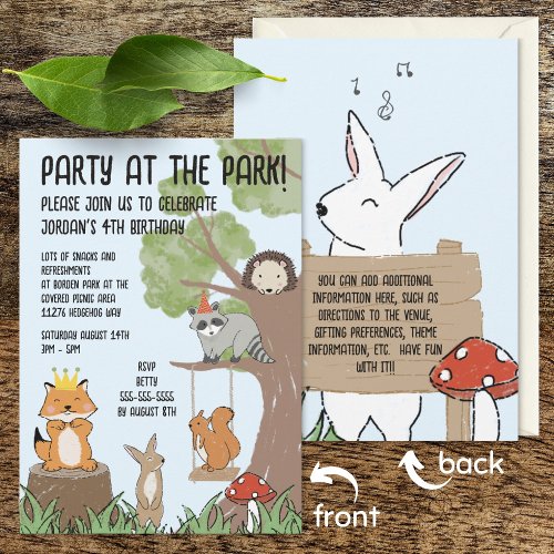 Cute woodland animal park party kids birthday invitation