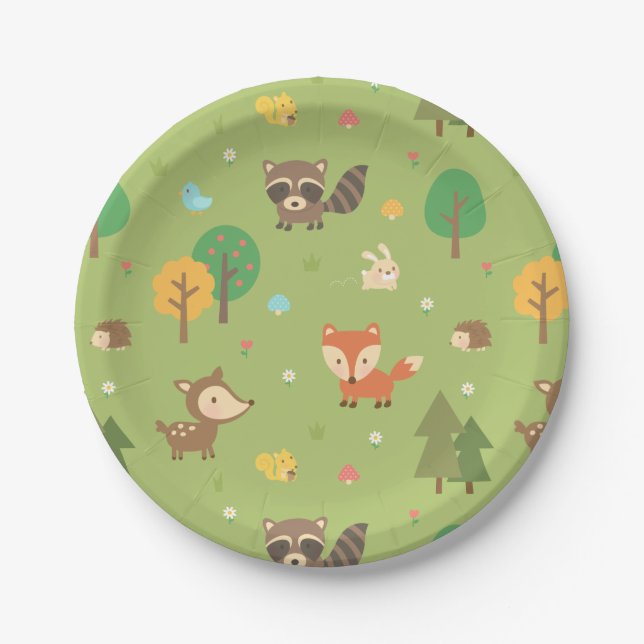 Cute Woodland Animal Pattern Baby Shower Party Paper Plates (Front)