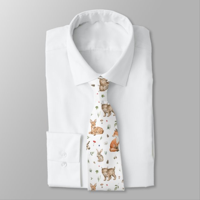 Cute Woodland Animal Pattern Neck Tie (Tied)