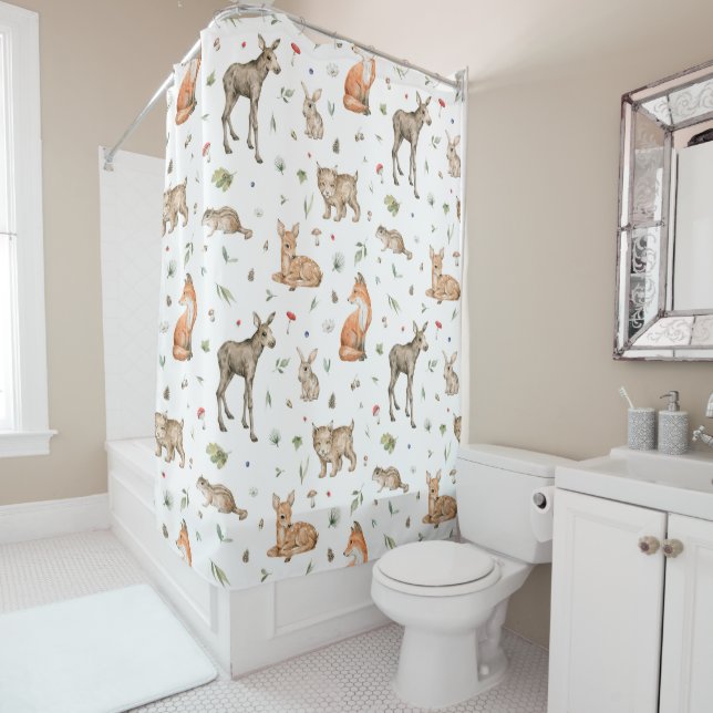 Cute Woodland Animal Pattern Shower Curtain (In Situ)