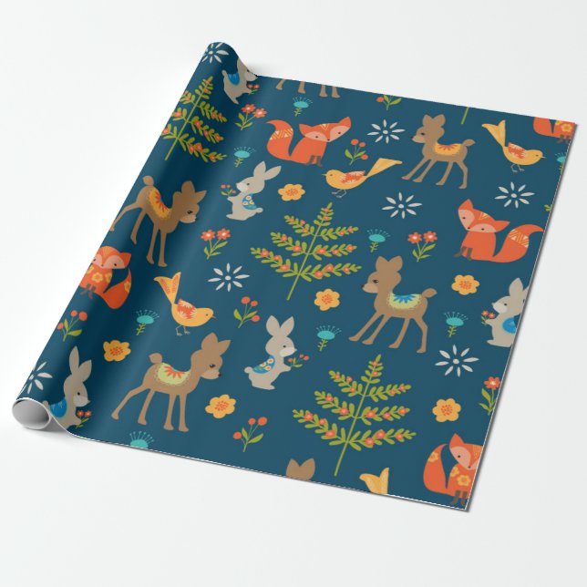 Cute Woodland Animal Pattern Wrapping Paper (Unrolled)