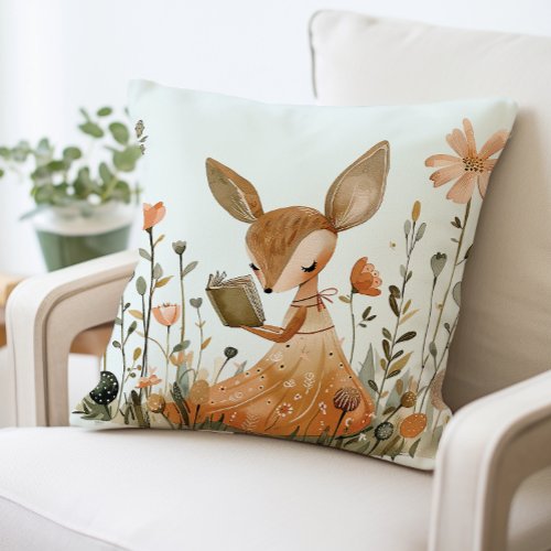 Cute Woodland Animal Pillow Adorable Fawn Reading Throw Pillow