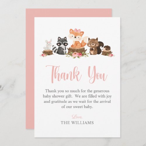 Cute Woodland Animal Pink Baby Shower Thank You Card