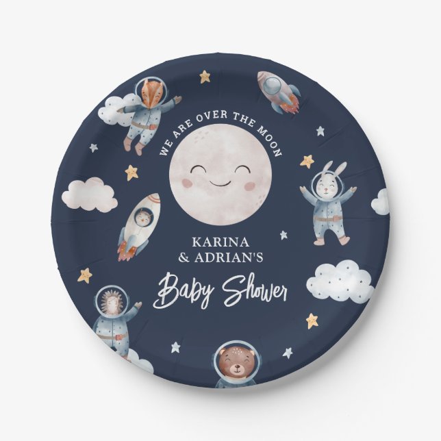Cute Woodland Animal Space Baby Shower Paper Plates (Front)
