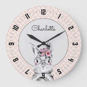 Cute Woodland Animal Watercolor Girl Nursery Large Clock
