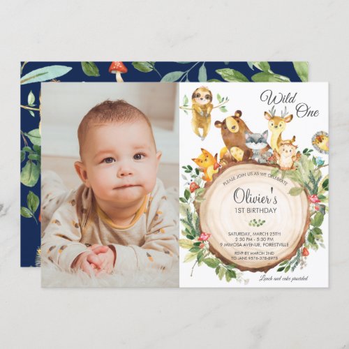 Cute Woodland Animals 1st Birthday Boy Girl Photo Invitation