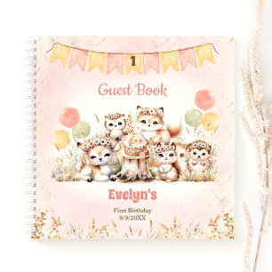 Cute Woodland Animals 1st Birthday Girl Guest Book