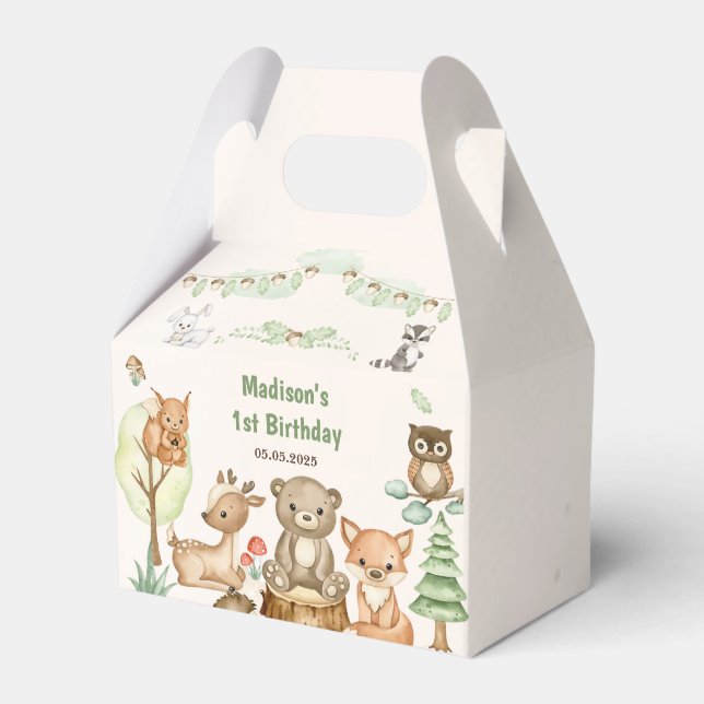 Cute Woodland Animals 1st Birthday Party Favor Box (Front Side)