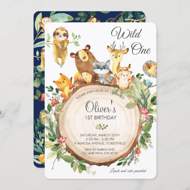 Cute Woodland Animals 1st Birthday Party Wild One Invitation (Front/Back)