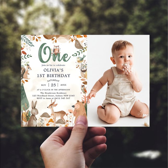 Cute Woodland Animals 1st Birthday Photo  Invitation (Creator Uploaded)