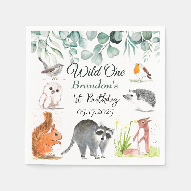 Cute Woodland Animals 1st Birthday Wild One  Napkins (Front)